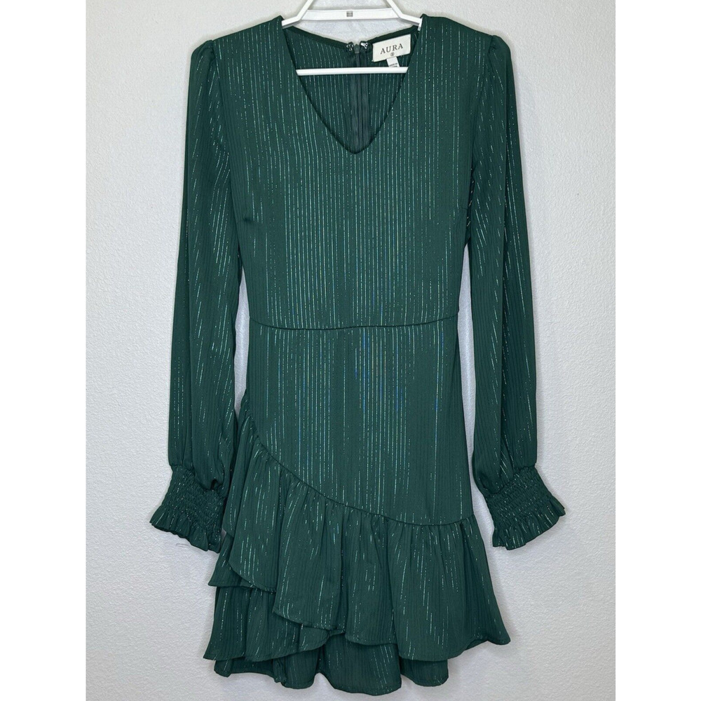 Aura Dress Green Metallic Long Sleeve Ruffle Mini Dress Size Small V-Neck Lined